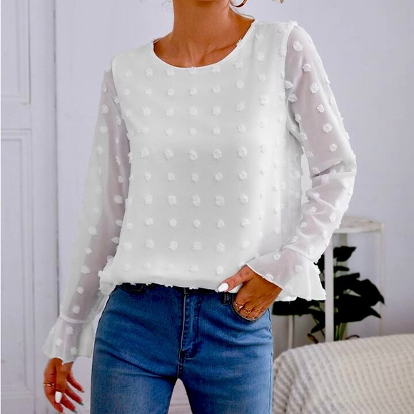 White blouse - Flounce sleeve solid white blouse - Picture 1 of 1